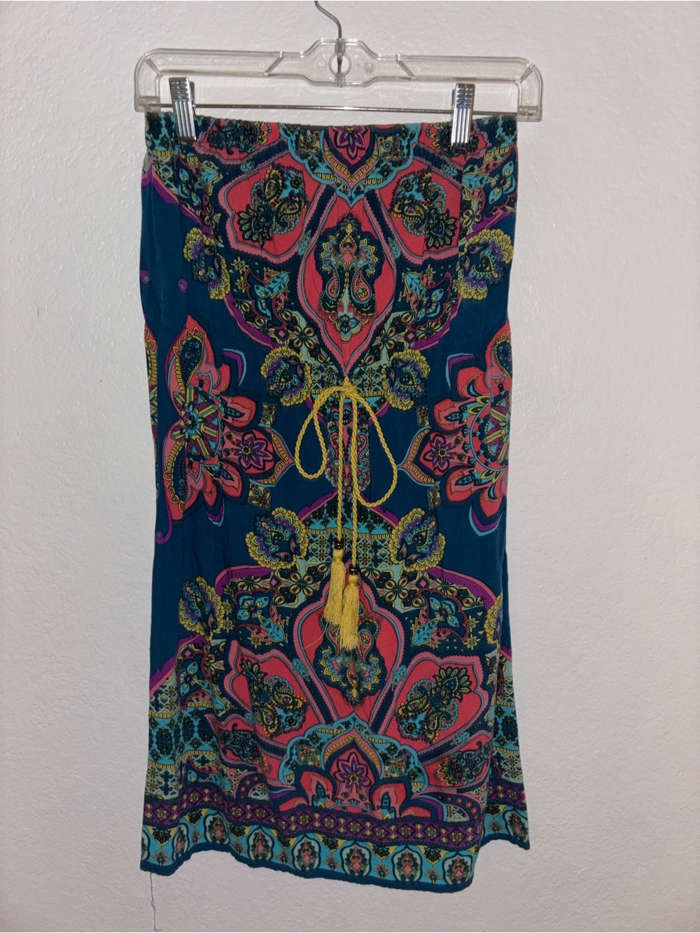 Vintage Boho Flower Print Tie-Waist Strapless Dress- Teal Pink